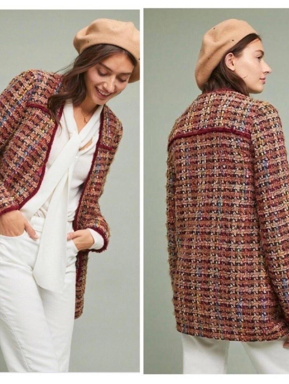 Anthropologie Ett:twa Small $178 Harlequin Tweed Fringe Trim Wool Blend Coat